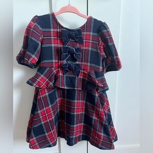 Red and navy toddler dress with blue velvet bows